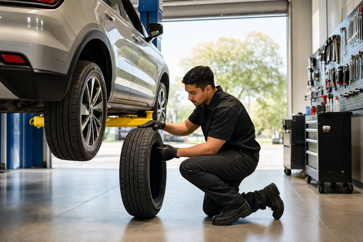An independent tire shop early in the morning