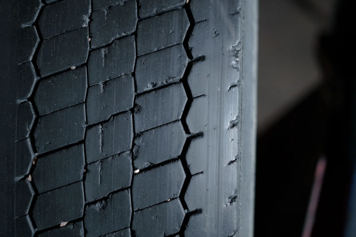 The rib tread and sidewall markings on a commercial truck tire
