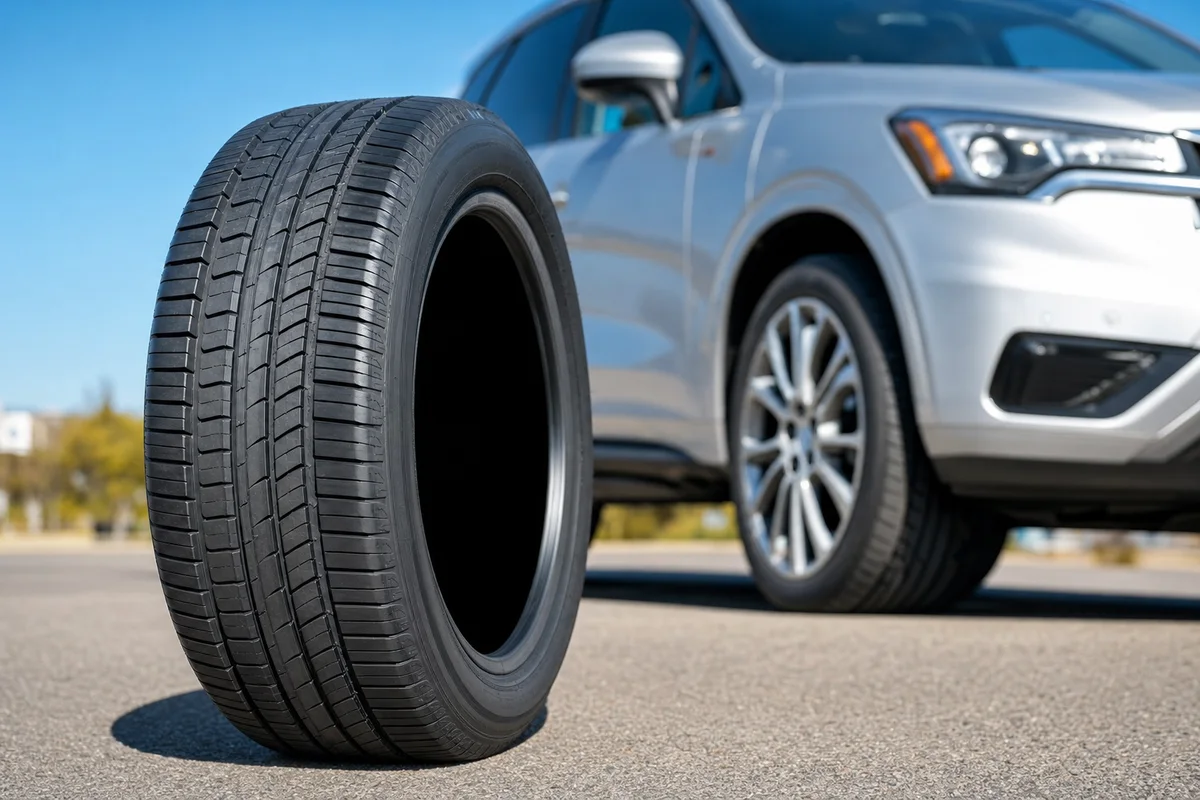 A brand-new tire standing on sunlit asphalt in front of a clean silver SUV